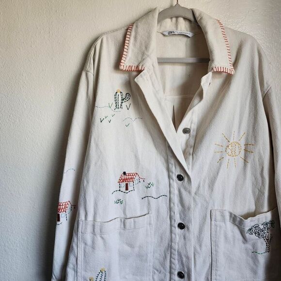 Rare Zara Embroidered Jacket Cotton Teachercore Desert Organic Southwestern M/L - Picture 1 of 9